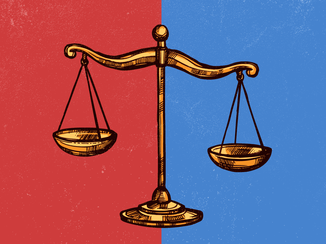The scales of justice going up and down in front of a split red-blue background.
