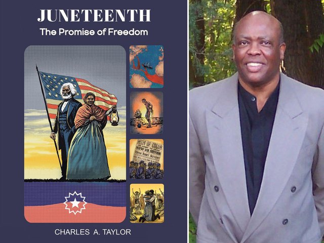 The book cover of Juneteenth: The Promise of Freedom next to author Charles Taylor.