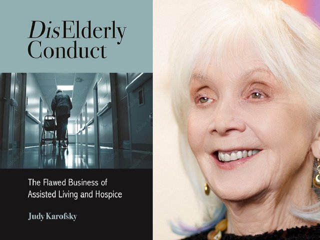 The cover of DisElderlyConduct, which shows a hallway in an care facility, and a head shot of the author.