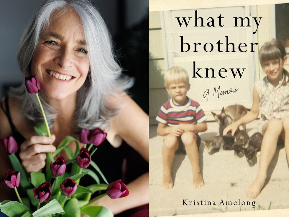 Author Kristina Amelong and the cover of "What My Brother Knew."