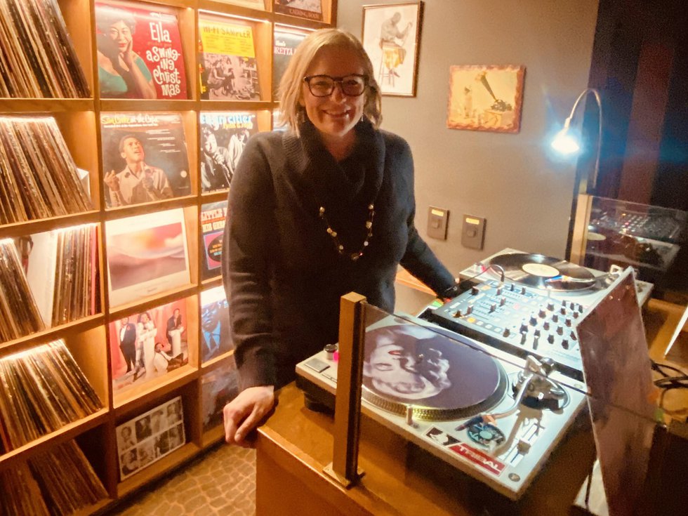 Grandma Cyd in the booth at Lola's Hi/Lo Lounge.