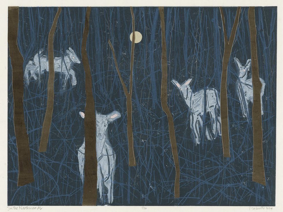 A print of deer at night.