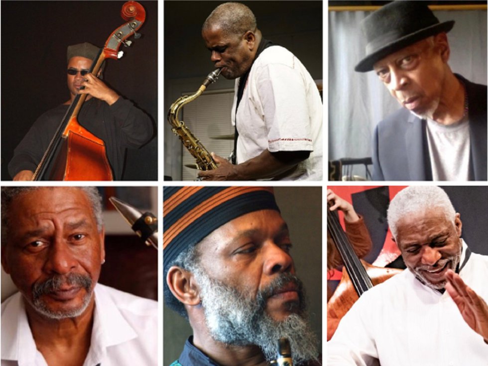 Dushun Mosley's Interdimensional Sound Ensemble, clockwise from top left, Darius Savage, Ed Wilkerson, Kenneth Green, Dushun Mosley, Douglas Ewart, Hanah Jon Taylor.