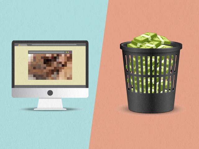 A comparison of porn on a computer vs. money in a trash can.