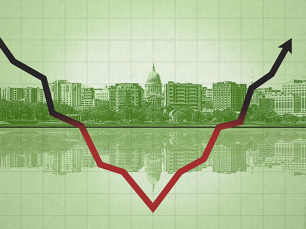 A graph laid over the Madison skyline.