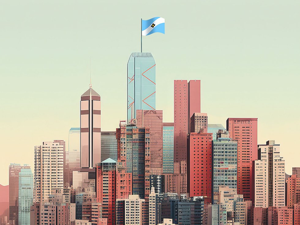 The Madison flag on top of a collection of large buildings.
