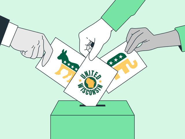 A Republican vote, Democrat vote, and United Wisconsin vote being cast simultaneously.