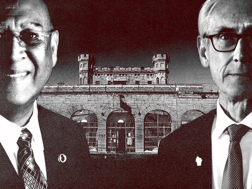 Kevin Carr and Tony Evers in front of Waupun Correctional Institution.