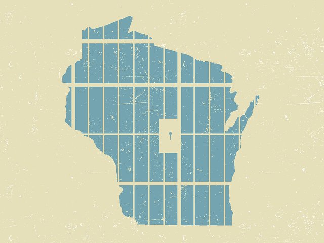 The state of Wisconsin with prison bars superimposed.
