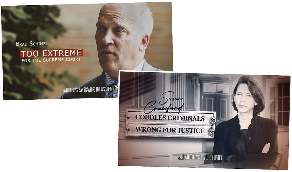 Screenshots of ads attacking Brad Schimel and Susan Crawford.