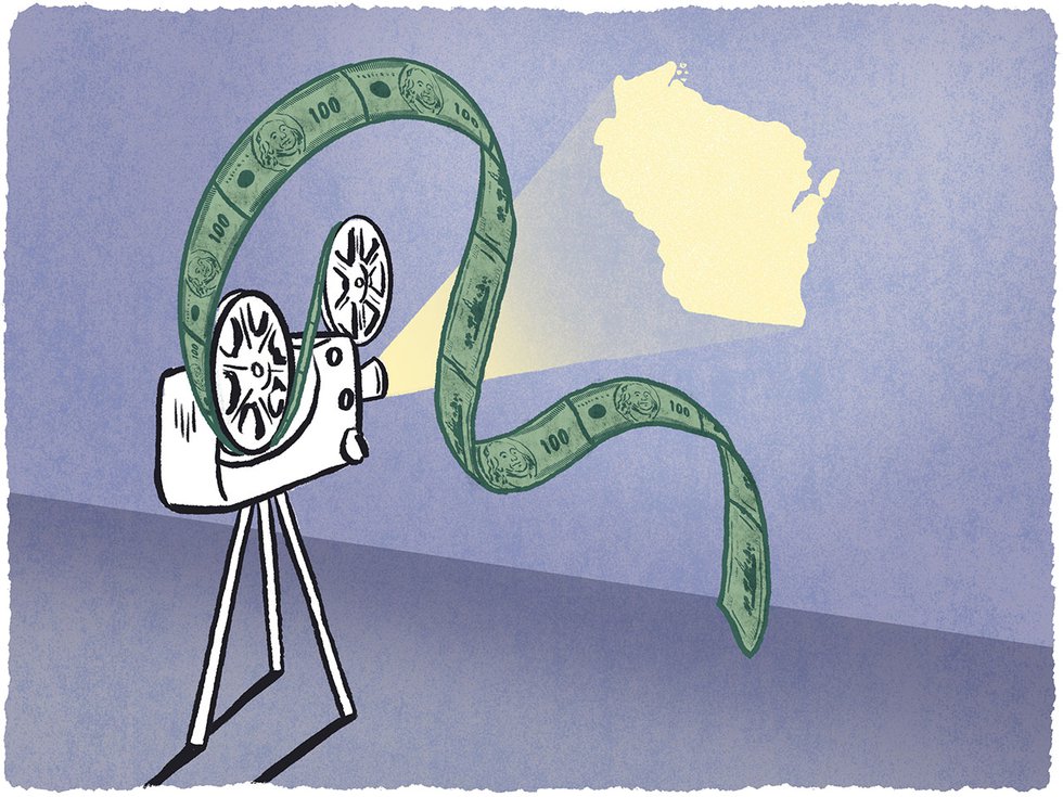 A projector displaying the state of Wisconsin, with money instead of film.