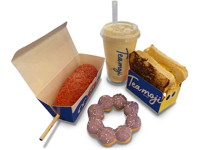 A corn dog, bubble tea, egg toast and mochi doughnut from Teamoji.
