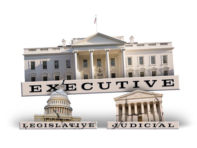 An illustration depicting the three branches of government, with the executive branch crushing the other two.