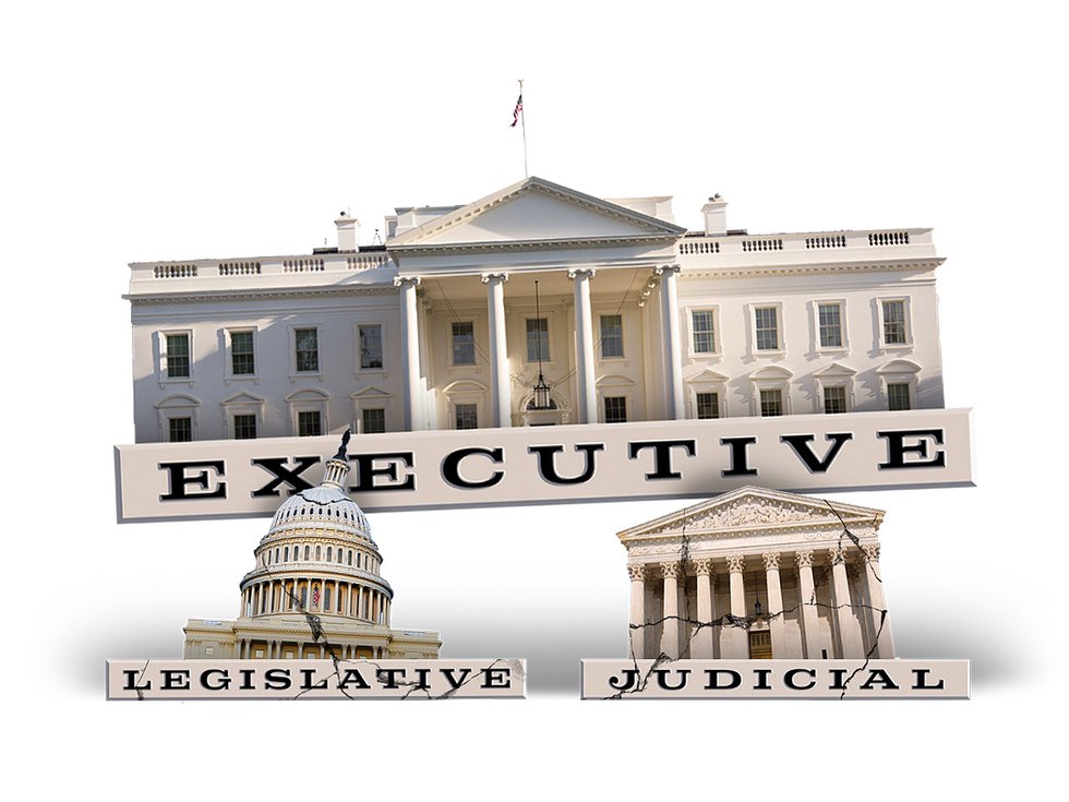 An illustration depicting the three branches of government, with the executive branch crushing the other two.