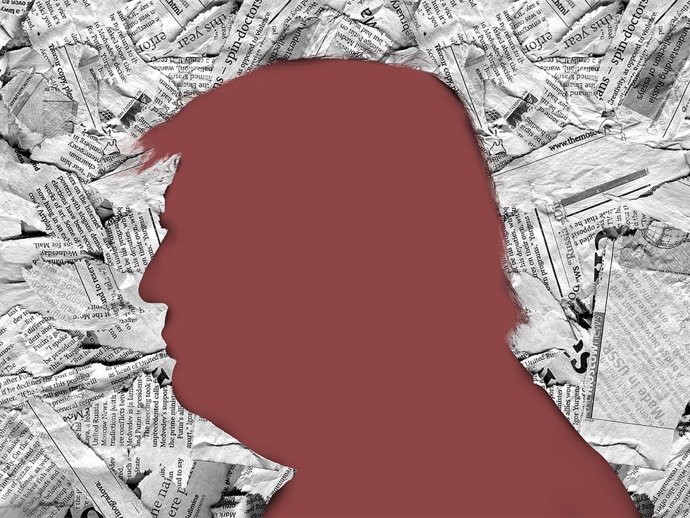 A pile of newspaper clippings formed around a silhouette of Donald Trump.