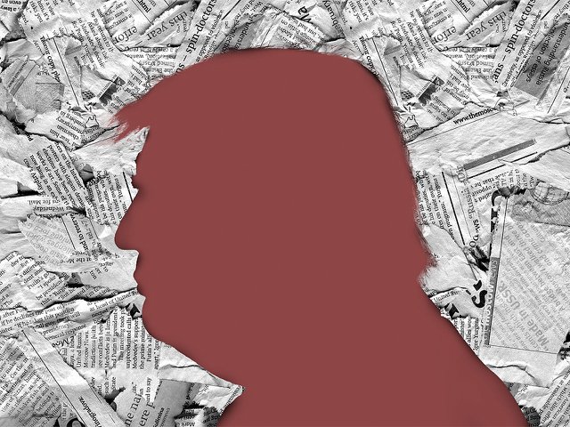 A pile of newspaper clippings formed around a silhouette of Donald Trump.