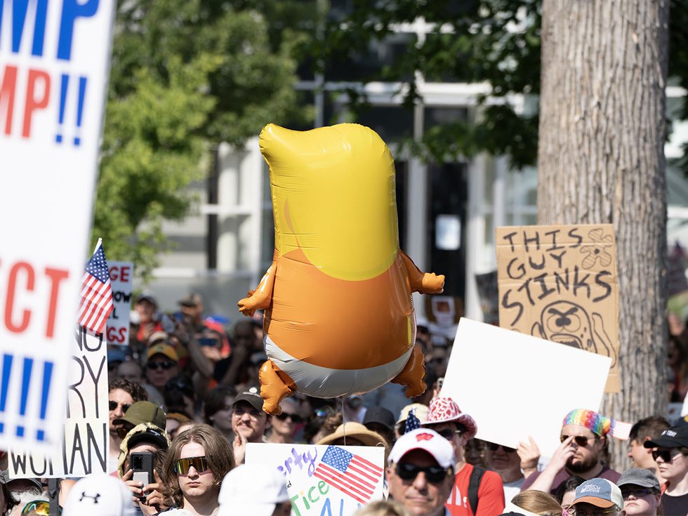A "Baby Trump" balloon in the air at the No Kings protest on June 14, 2025.