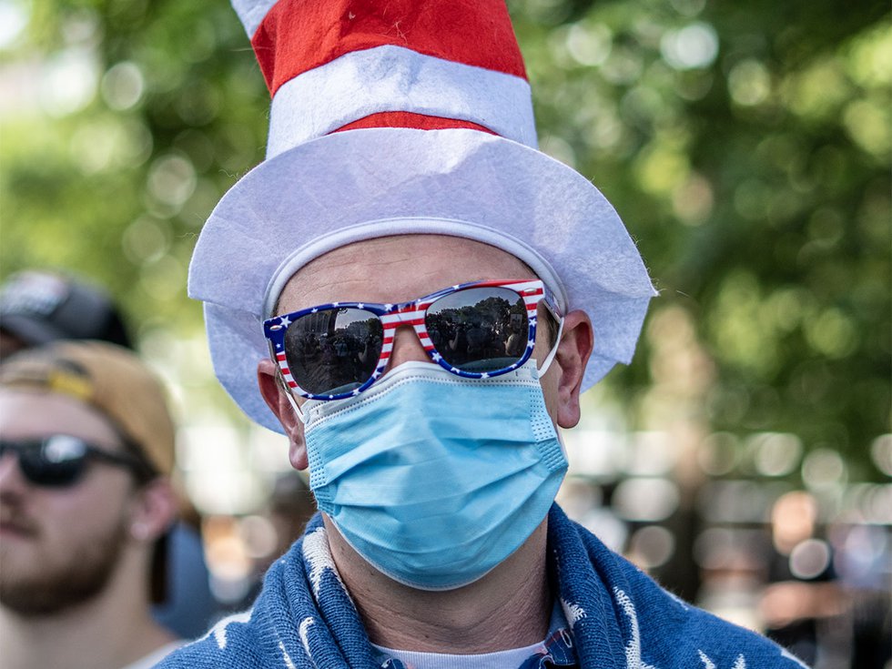 A protestor wearing a 'Cat in the Hat' disguise at the No Kings protest on June 14, 2025.