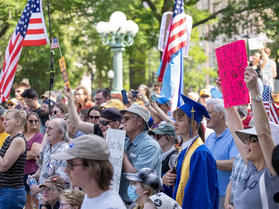 Madison West graduate Evan Blonien at the No Kings protest on June 14, 2025.