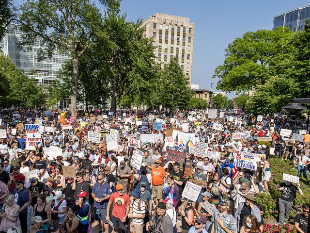 A throng of protestors awaiting speakers outside the Capitol at the No Kings protest on June 14, 2025.