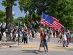 Protestors holding American and Palestinian flags at the No Kings protest on June 14, 2025.