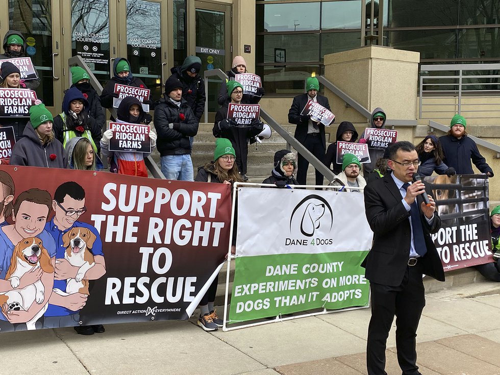 Wayne Hsiung at protest against Ridglan Farms in front of the Dane County Courthouse - March 18, 2024