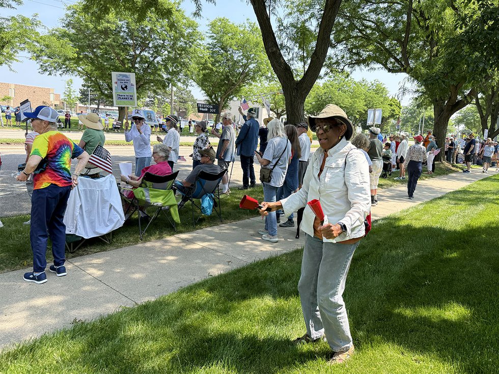 Madison Ald. Joann Pritchett at senior rally June 14 on Mineral Point Road (to coincide with No Kings rally downtown)
