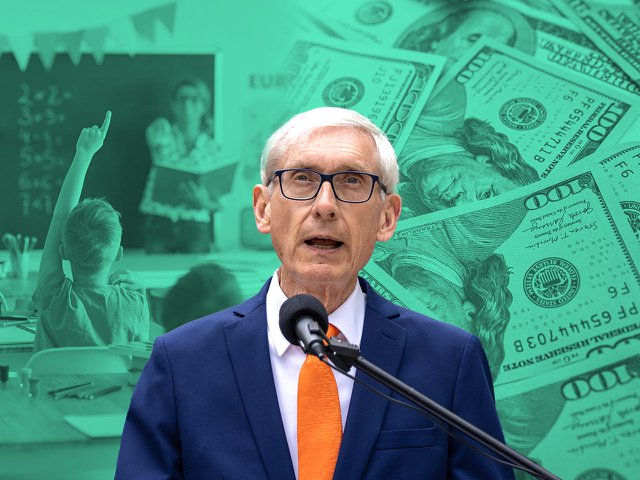 Tony Evers in front of a background collage of a classroom next to a pile of a money.
