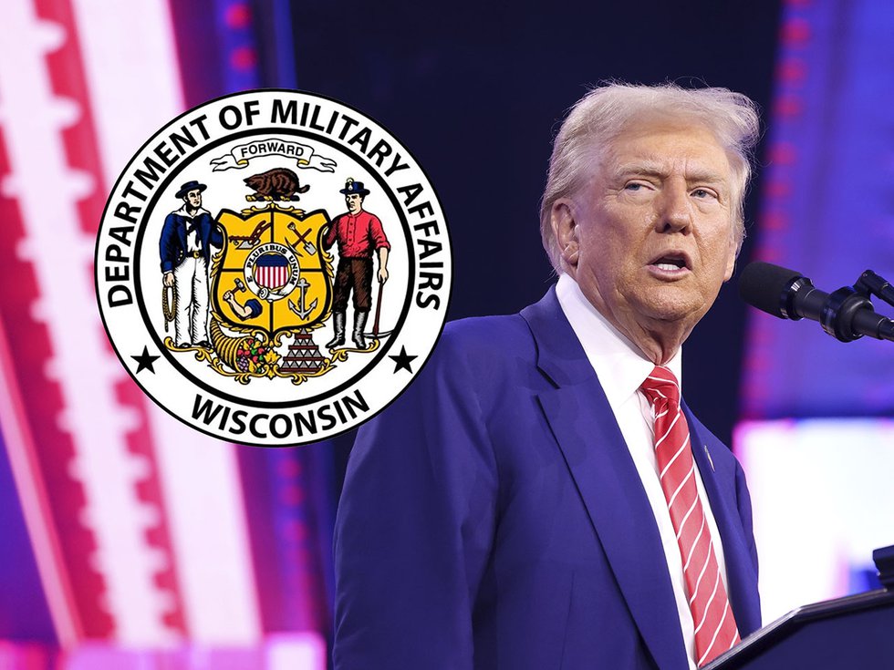 Donald Trump at a podium next to the logo for the Wisconsin Depa