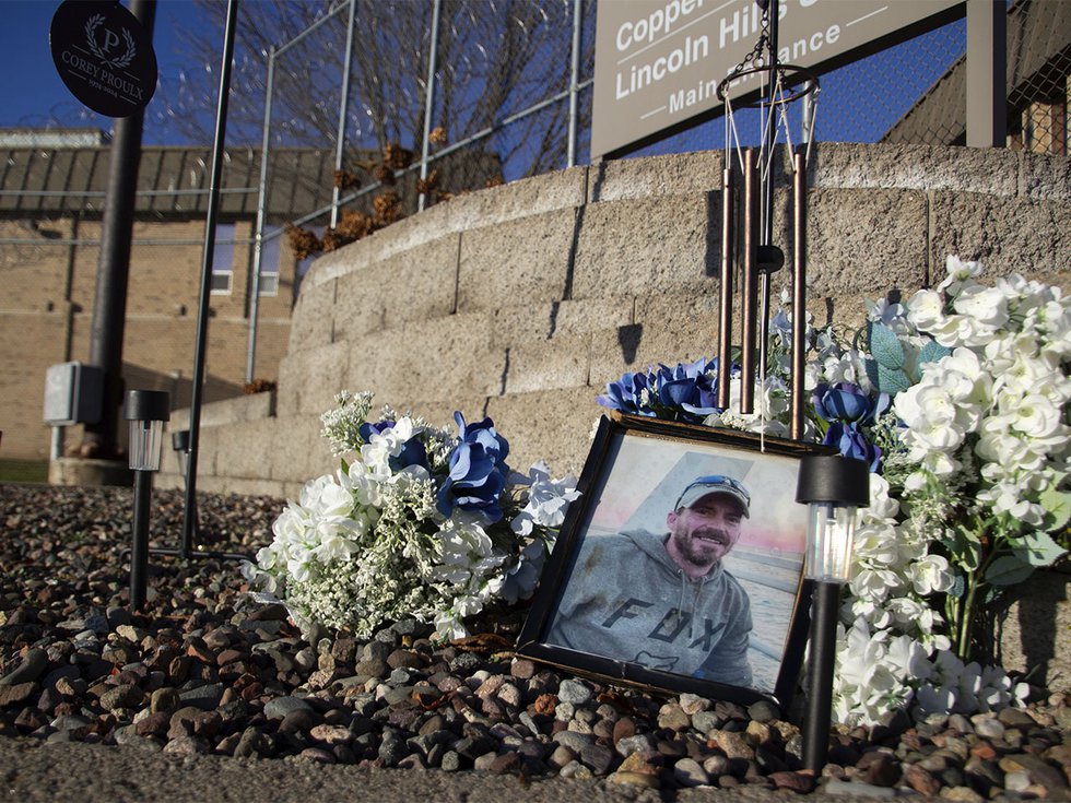 A memorial to Corey Proulx outside Lincoln Hills School.