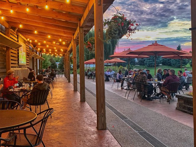 Tyranena's outdoor seating area at sunset.